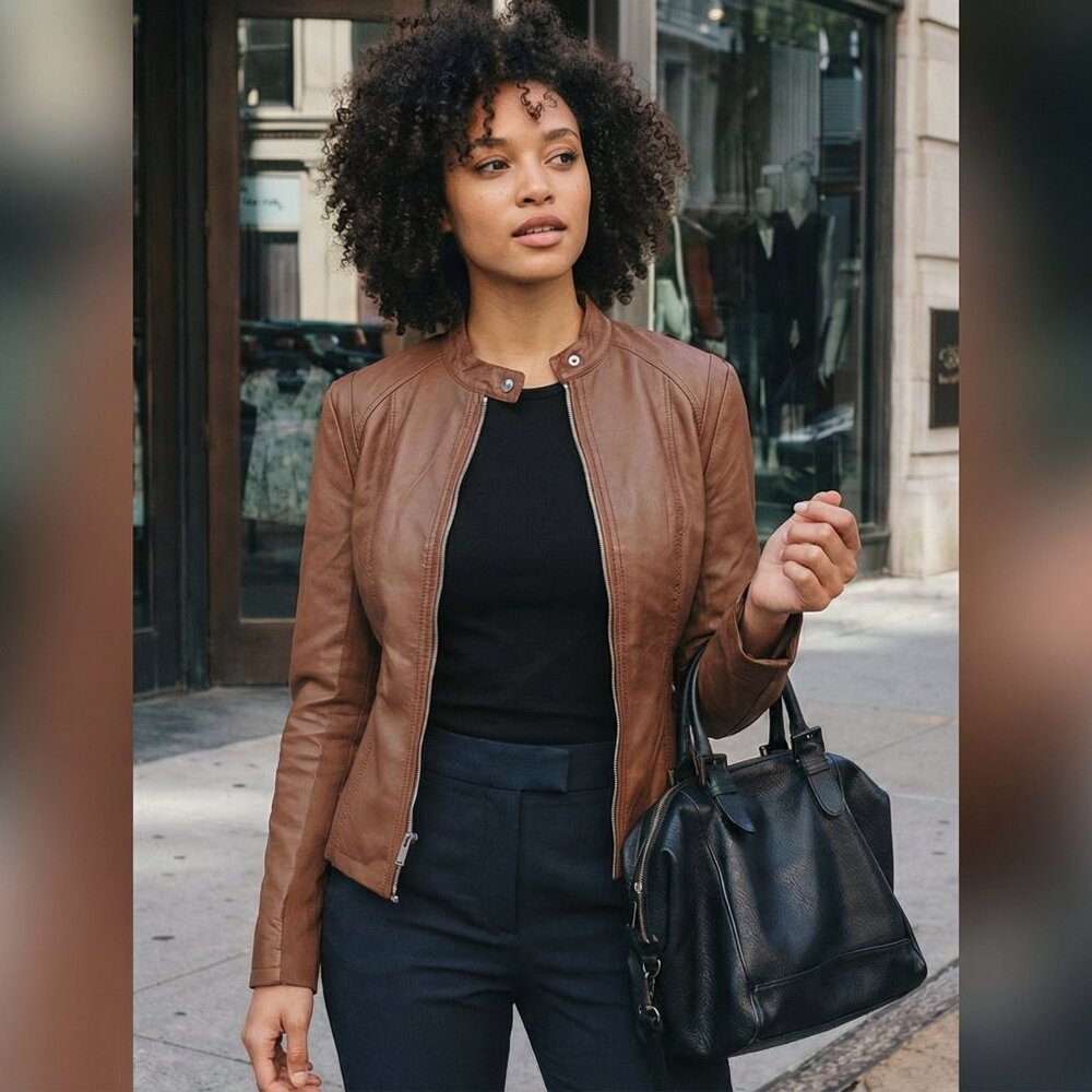 Brown Cropped Moto Women's PU Faux Leather Look Zipper Jacket